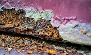 Stark verrostete Kante mit abgeblätterter roter Farbe. Ein Beispiel für entrosten mit Essig und Backpulver.