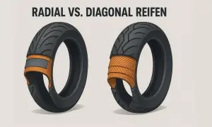 Vergleich von radial und diagonal reifen. Der linke Reifen zeigt eine radiale Konstruktion, der rechte eine diagonale.