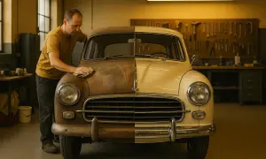 Mann poliert einen Oldtimer, dessen eine Hälfte rostig, die andere glänzend ist. Die **Oldtimer Restauration Kosten** sind hoch, aber das Ergebnis ist es wert.