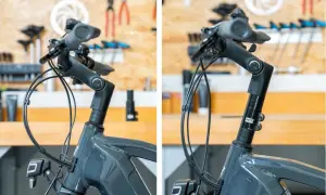 Zwei Ansichten eines Fahrradvorbaus, der die **Lenkung einstellen** ermöglicht. Der Vorbau ist höhenverstellbar, um die Sitzposition anzupassen.