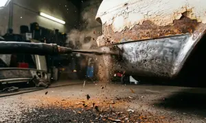 Sandstrahlgerät entfernt Rost von einem alten Auto. Rostige Metallteile fliegen durch die Luft.