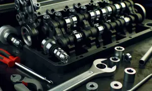 Motor mit Nockenwelle und Werkzeugen. Defekte Nockenwelle Symptome können hier durch die Demontage sichtbar werden.