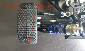 Detailaufnahme der Vorderachse eines RC-Autos. Die roten Linien zeigen die Vorspur und Nachspur des Rades.