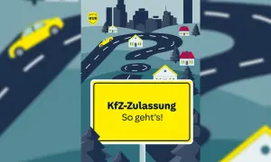 Gelbe Autos auf kurviger Straße, Häuser und eine Stadtkulisse. Ein Schild mit "Kfz-Zulassung" weist den Weg.