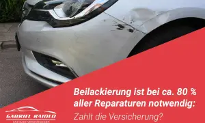 Beschädigter silberner Kotflügel mit Kratzern und Dellen. Beilackierung ist bei ca. 80% aller Reparaturen notwendig. Zahlt die Versicherung?