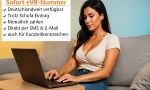 Frau am Laptop, die sich über die eVB-Nummer informiert. Sofort verfügbar, auch für Kurzzeitkennzeichen.