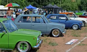 Grüne und graue Lada-Limousinen, ein blauer Lada und weitere Autos stehen auf einem Feld.