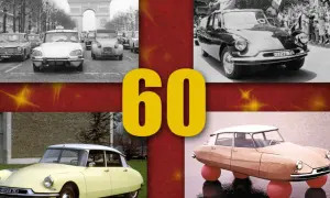 Vier Bilder von Citroën-Autos aus den 60er Jahren, darunter ein DS vor dem Arc de Triomphe und ein DS mit orangen Kugeln.