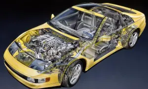 Schnittzeichnung eines gelben Nissan 300ZX, der den V6-Motor, das Interieur und das Fahrwerk zeigt.