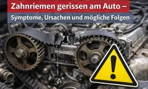 Ein gerissener Zahnriemen am Auto, mit Tropfen und einem Warnschild. Symptome, Ursachen und Folgen werden thematisiert.