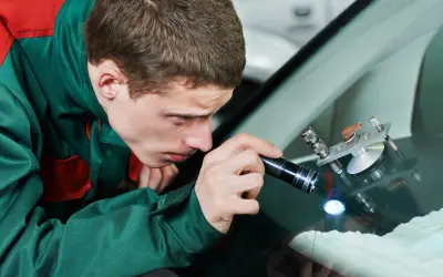 Ein Mechaniker untersucht mit einer Taschenlampe einen Steinschlag an der Windschutzscheibe. Ein Reparaturgerät ist bereits angebracht.