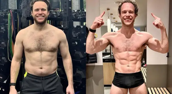 Mann zeigt beeindruckende Transformation nach Frame-off-Restoration. Links vor dem Training, rechts mit sichtbaren Muskeln und Sixpack.