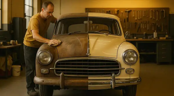 Mann poliert einen Oldtimer, dessen eine Hälfte rostig, die andere glänzend ist. Die **Oldtimer Restauration Kosten** sind hoch, aber das Ergebnis ist es wert.