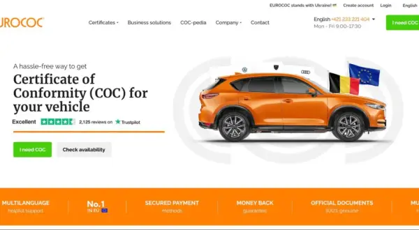 Orange Auto mit EU- und Deutschlandflagge. Zertifikat für Ihr Auto verzollen in Deutschland einfach erhalten.
