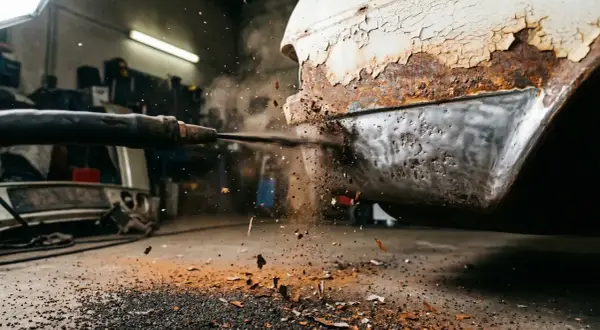 Sandstrahlgerät entfernt Rost von einem alten Auto. Rostige Metallteile fliegen durch die Luft.