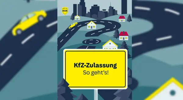 Gelbe Autos auf kurviger Straße, Häuser und eine Stadtkulisse. Ein Schild mit "Kfz-Zulassung" weist den Weg.