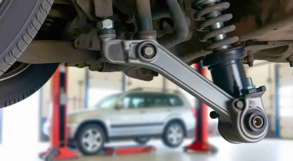 Fahrwerk eines Autos mit Stoßdämpfer und Querlenker. Möglicherweise ein Grund, warum das Auto nach rechts zieht trotz Spureinstellung.