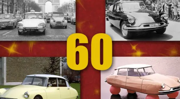 Vier Bilder von Citroën-Autos aus den 60er Jahren, darunter ein DS vor dem Arc de Triomphe und ein DS mit orangen Kugeln.