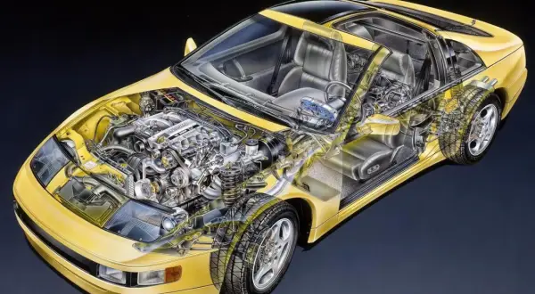 Schnittzeichnung eines gelben Nissan 300ZX, der den V6-Motor, das Interieur und das Fahrwerk zeigt.