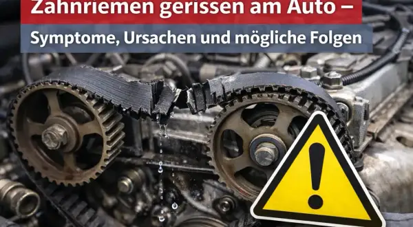 Ein gerissener Zahnriemen am Auto, mit Tropfen und einem Warnschild. Symptome, Ursachen und Folgen werden thematisiert.