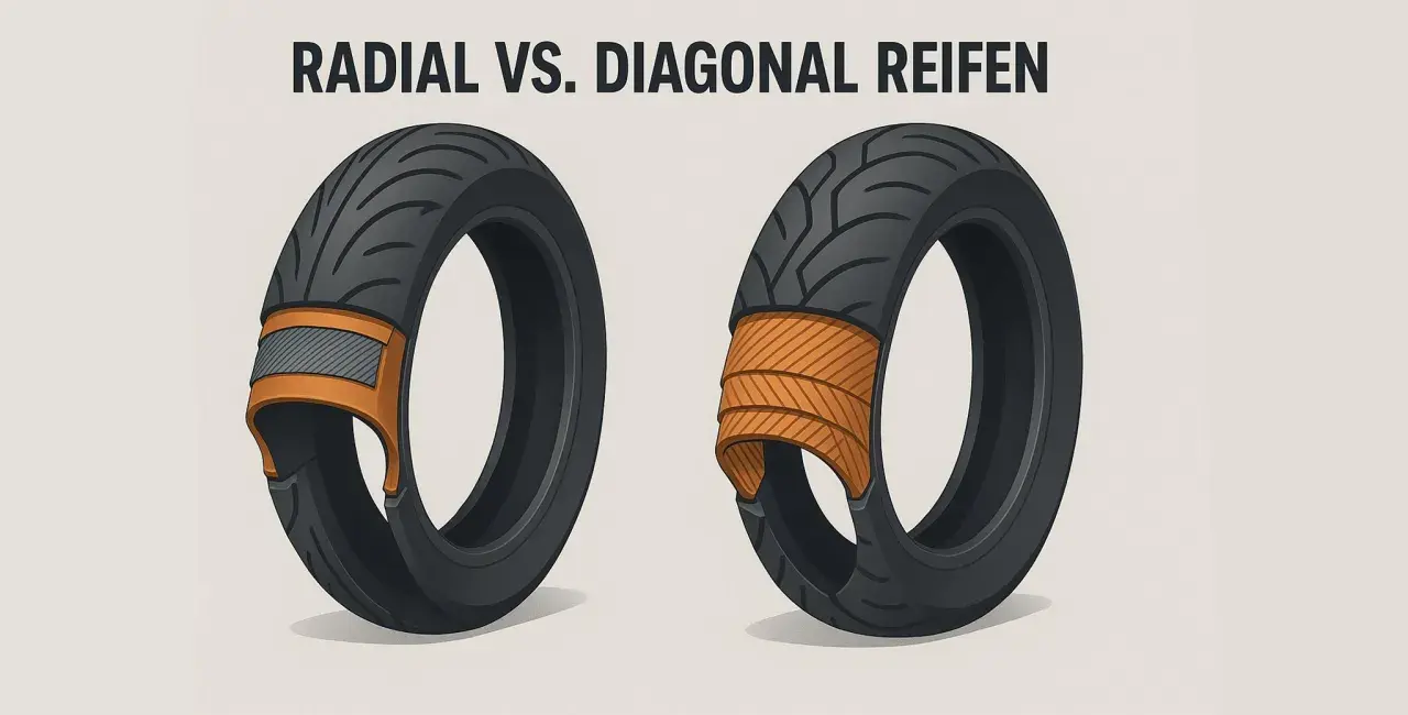 Vergleich von radial und diagonal reifen. Der linke Reifen zeigt eine radiale Konstruktion, der rechte eine diagonale.
