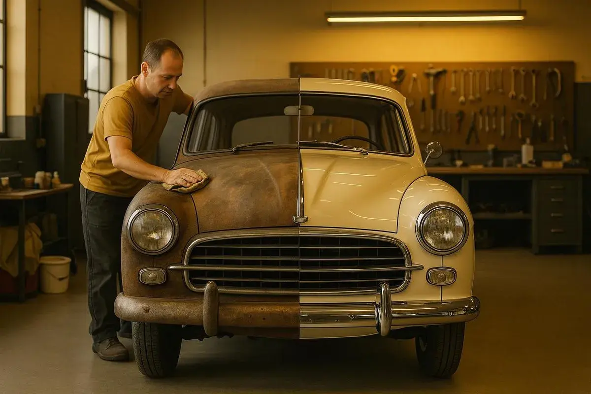 Mann poliert einen Oldtimer, dessen eine Hälfte rostig, die andere glänzend ist. Die **Oldtimer Restauration Kosten** sind hoch, aber das Ergebnis ist es wert.