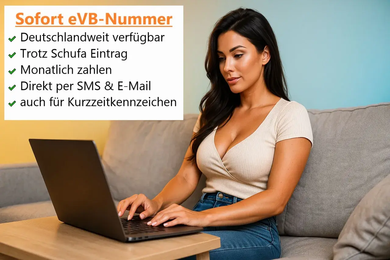 Frau am Laptop, die sich über die eVB-Nummer informiert. Sofort verfügbar, auch für Kurzzeitkennzeichen.