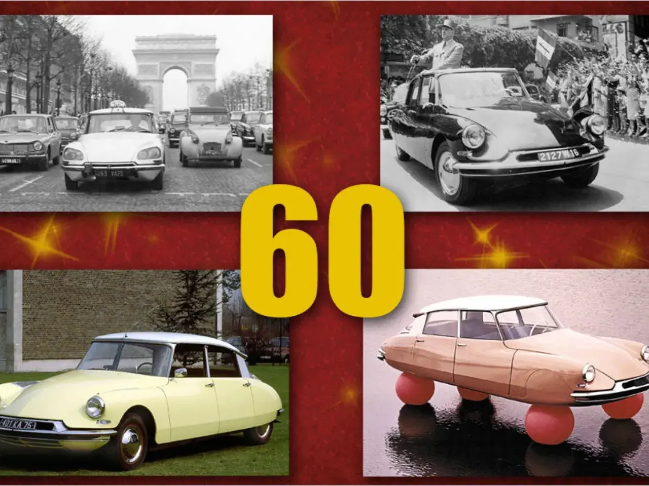 Vier Bilder von Citroën-Autos aus den 60er Jahren, darunter ein DS vor dem Arc de Triomphe und ein DS mit orangen Kugeln.