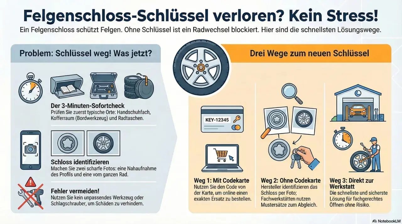 Felgenschloss-Schlüssel verloren? Kein Stress! Hier sind drei Wege zum neuen Schlüssel, falls Sie Ihren felgenschloss verloren haben.