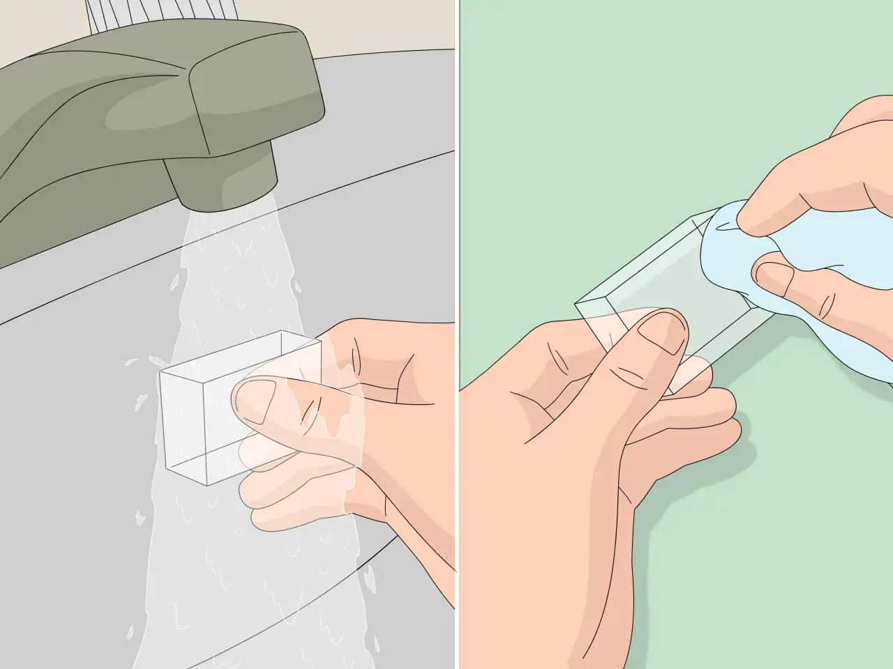 Hände reinigen ein Bakelit-Objekt unter fließendem Wasser und trocknen es dann mit einem Tuch.