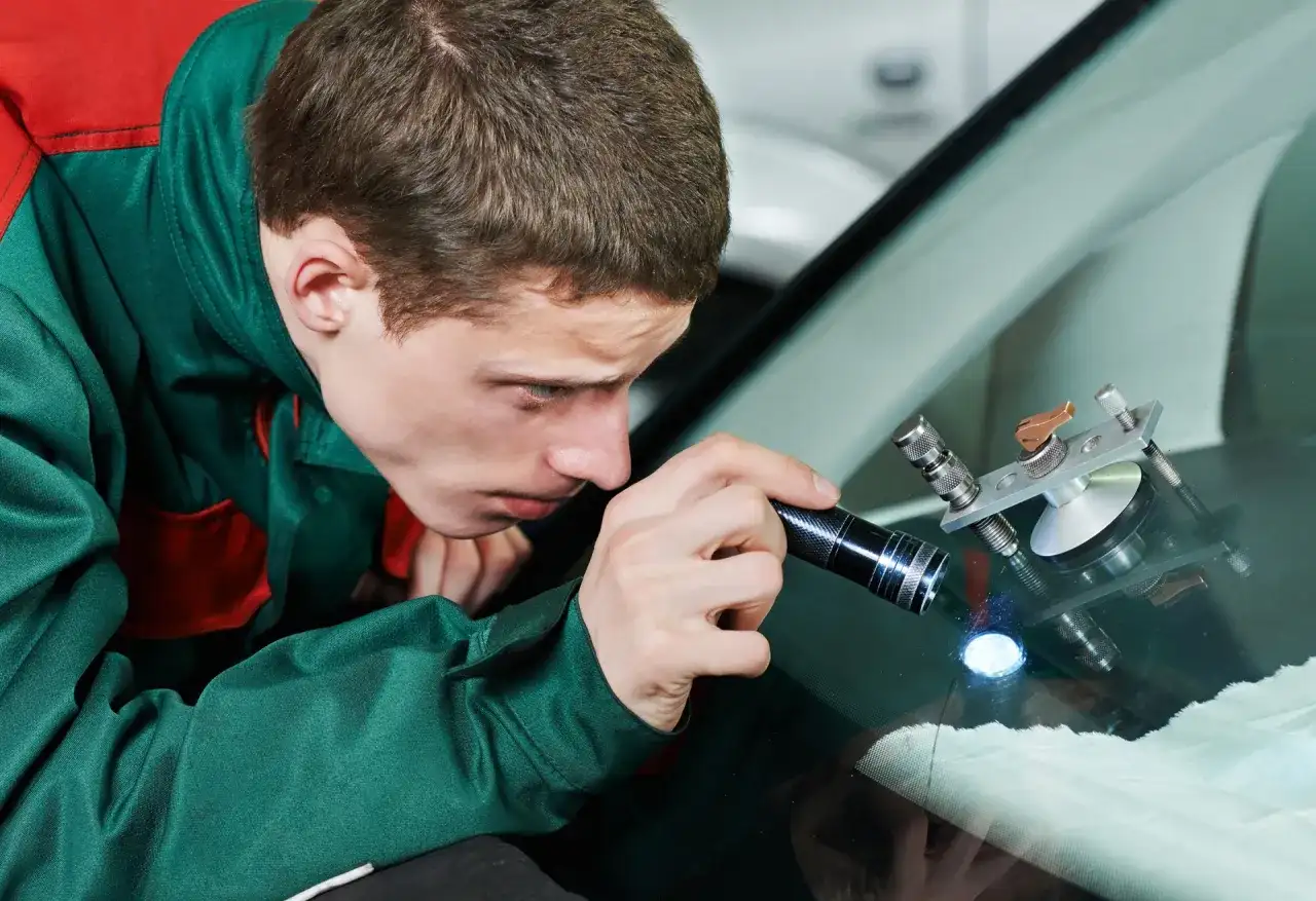 Ein Mechaniker untersucht mit einer Taschenlampe einen Steinschlag an der Windschutzscheibe. Ein Reparaturgerät ist bereits angebracht.