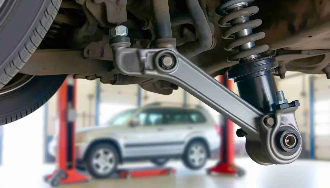 Auto-Werkstatt: Nahaufnahme eines Fahrwerks mit Stoßdämpfer und Querlenker. Mögliche querlenker defekt symptome sind Geräusche und schlechtes Fahrverhalten.