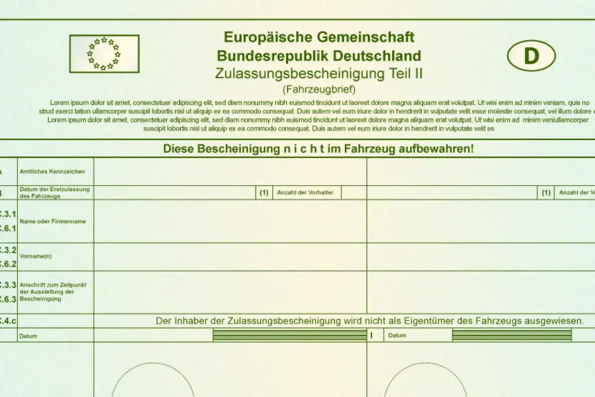 Zulassungsbescheinigung Teil II (Fahrzeugbrief) für das Auto. Hier finden Sie Infos zur Ummeldung ohne Kaufvertrag.