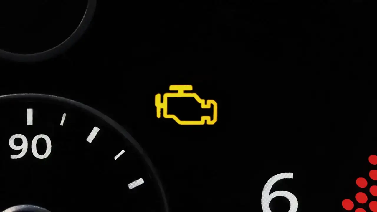 Gelbes Motorzeichen leuchtet auf dem Armaturenbrett eines Autos auf. Es ist Zeit, die Werkstatt zu besuchen.