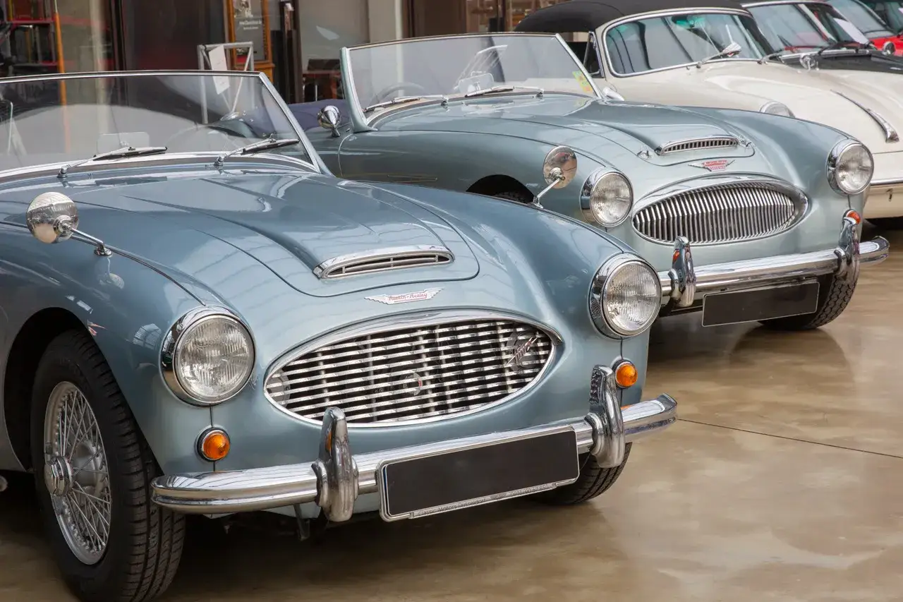 Zwei Austin-Healey Roadster in Hellblau, bereit für den Import aus England. Klassische Eleganz auf Rädern.