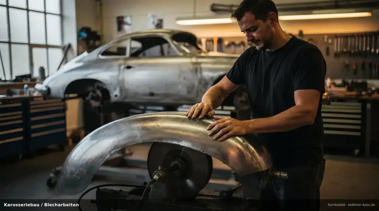 Meister formt mit Karosserie Werkzeug ein Blechteil für einen Oldtimer.