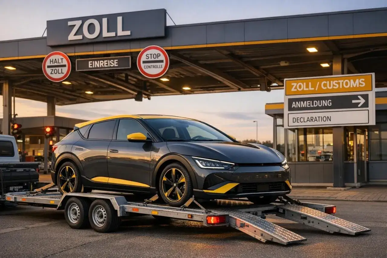 Ein dunkler Elektro-SUV mit gelben Akzenten wird auf einem Anh&auml;nger an einer Zollstation in Deutschland abgeladen.