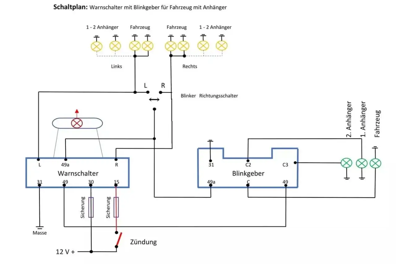 Schaltplan für Warnschalter und Blinkgeber. Der Blinker blinkt schnell, wenn die Warnblinkanlage aktiviert ist.