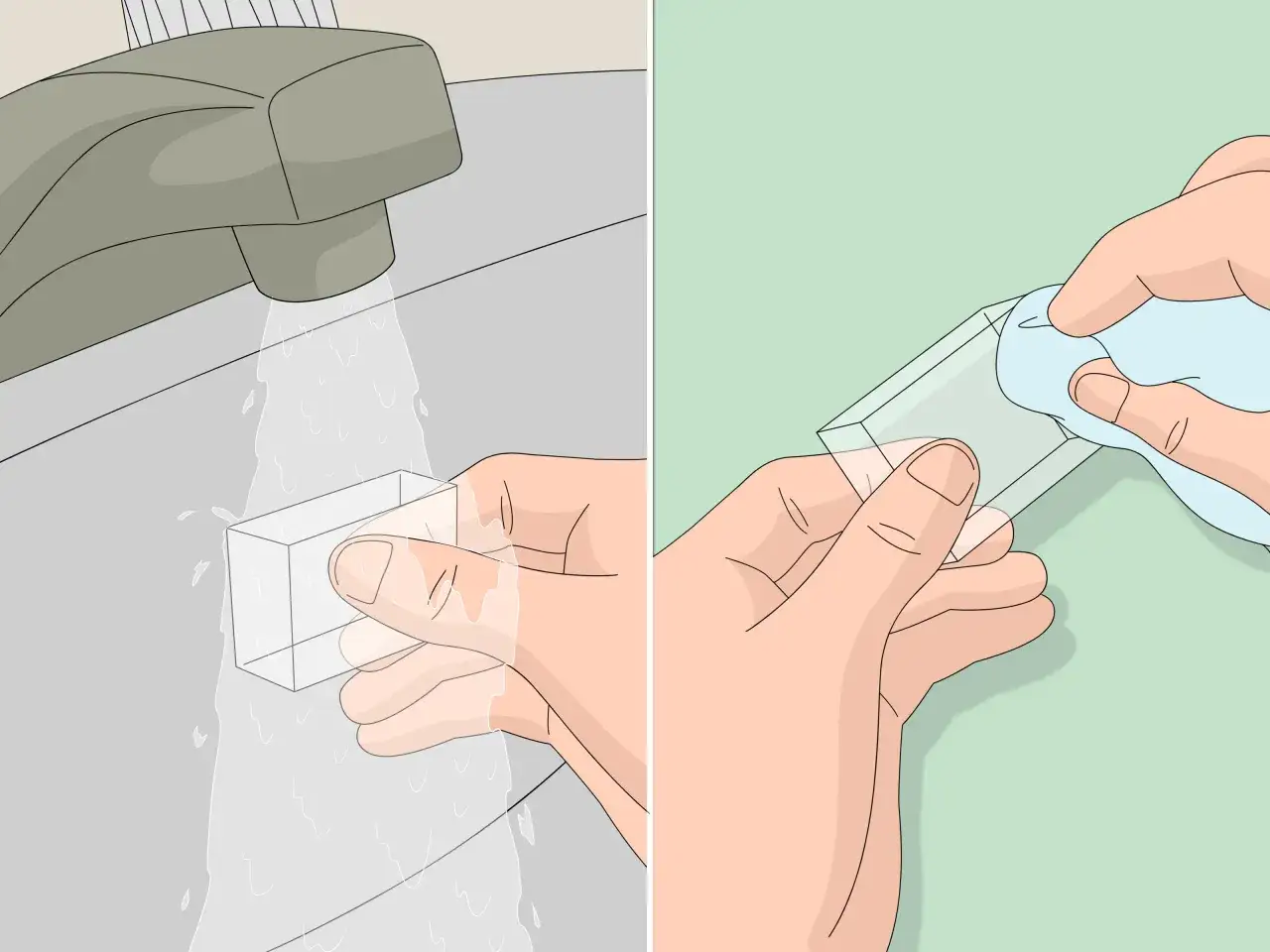 Zwei H&auml;nde reinigen ein Bakelit-Objekt: eine unter flie&szlig;endem Wasser, die andere mit einem Tuch.