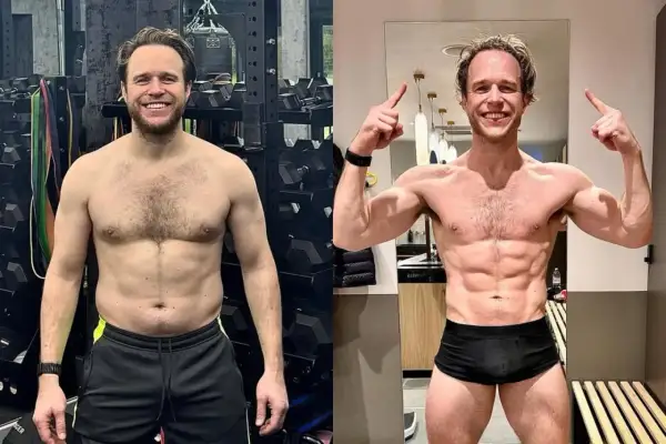 Mann zeigt beeindruckende Transformation nach Frame-off-Restoration. Links vor dem Training, rechts mit sichtbaren Muskeln und Sixpack.