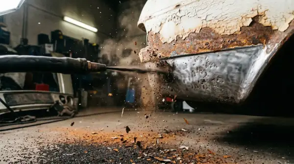 Sandstrahlgerät entfernt Rost von einem alten Auto. Rostige Metallteile fliegen durch die Luft.