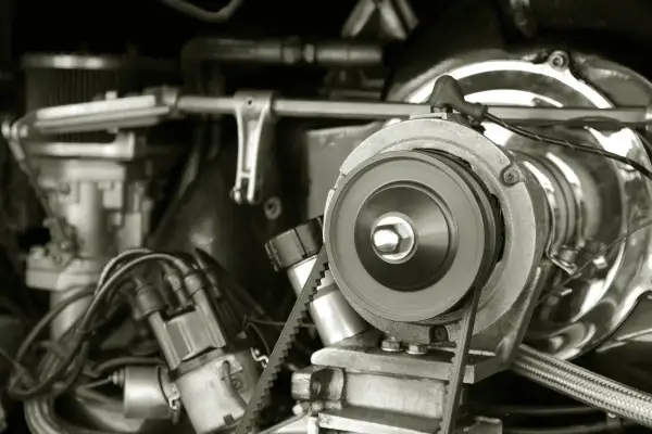 Nahaufnahme eines Motors mit Keilrippenriemen. Informieren Sie sich über die keilrippenriemen wechseln kosten.