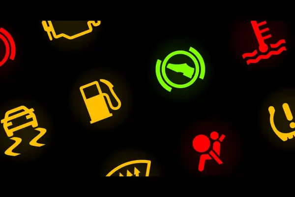 Verschiedene leuchtende Kontrollleuchten im Auto: Motor, Tank, Bremse, Airbag, Temperatur, ESP und mehr.