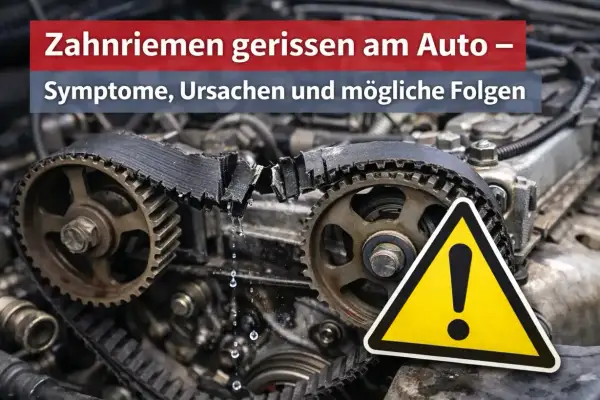Ein gerissener Zahnriemen am Auto, mit Tropfen und einem Warnschild. Symptome, Ursachen und Folgen werden thematisiert.